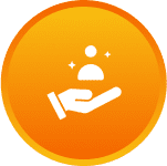 Hand icon with person on orange background.