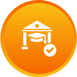 Graduation cap and checkmark in orange circle.